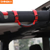 Red pull tabs on a black roll bar mount armrest for Jeep Wrangler vehicles