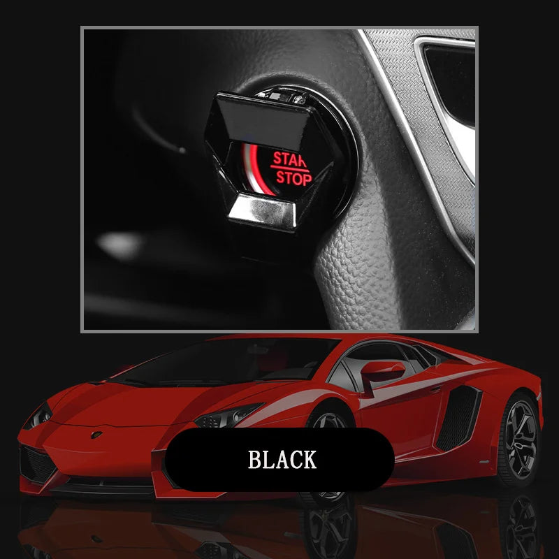 A close-up of an aluminum alloy engine start button cover in black and red on a red sports car interior.