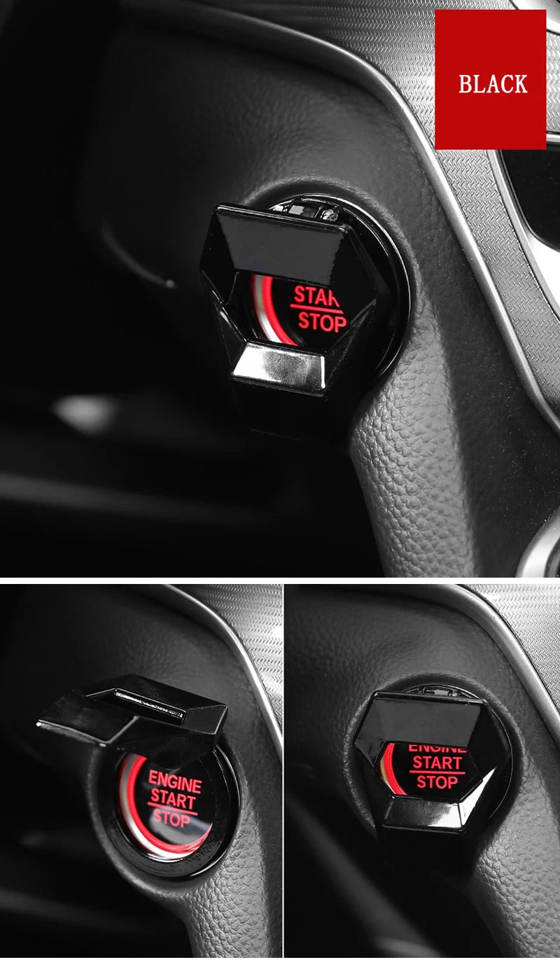 Close-up of a black aluminum alloy engine start stop button cover on a car interior panel.