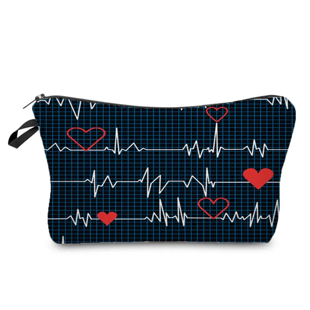 A black makeup bag with a zipper closure featuring a blue grid background and red ECG heart lines.