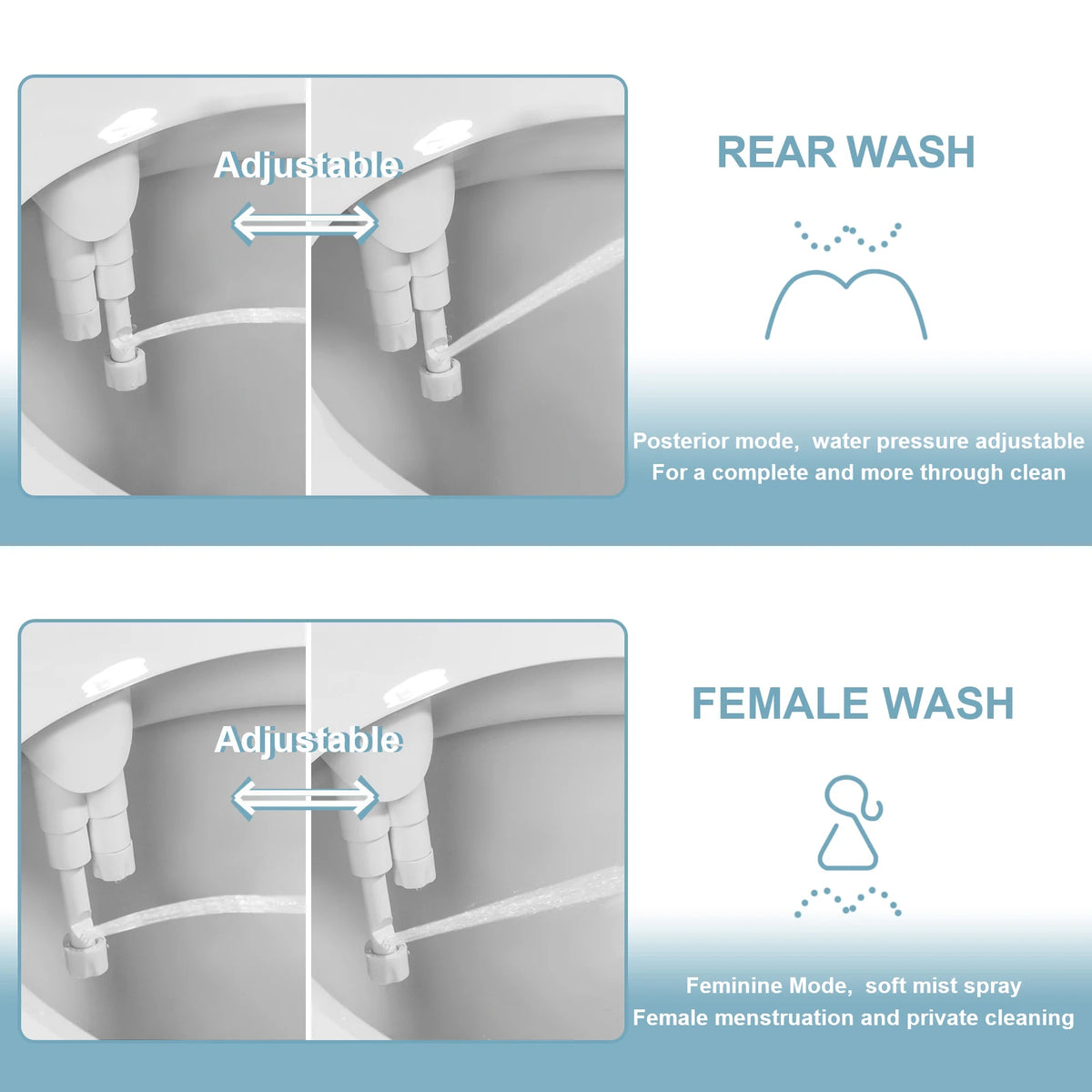 Diagrams showing the adjustable nozzle for rear wash and feminine wash functions on a bidet attachment