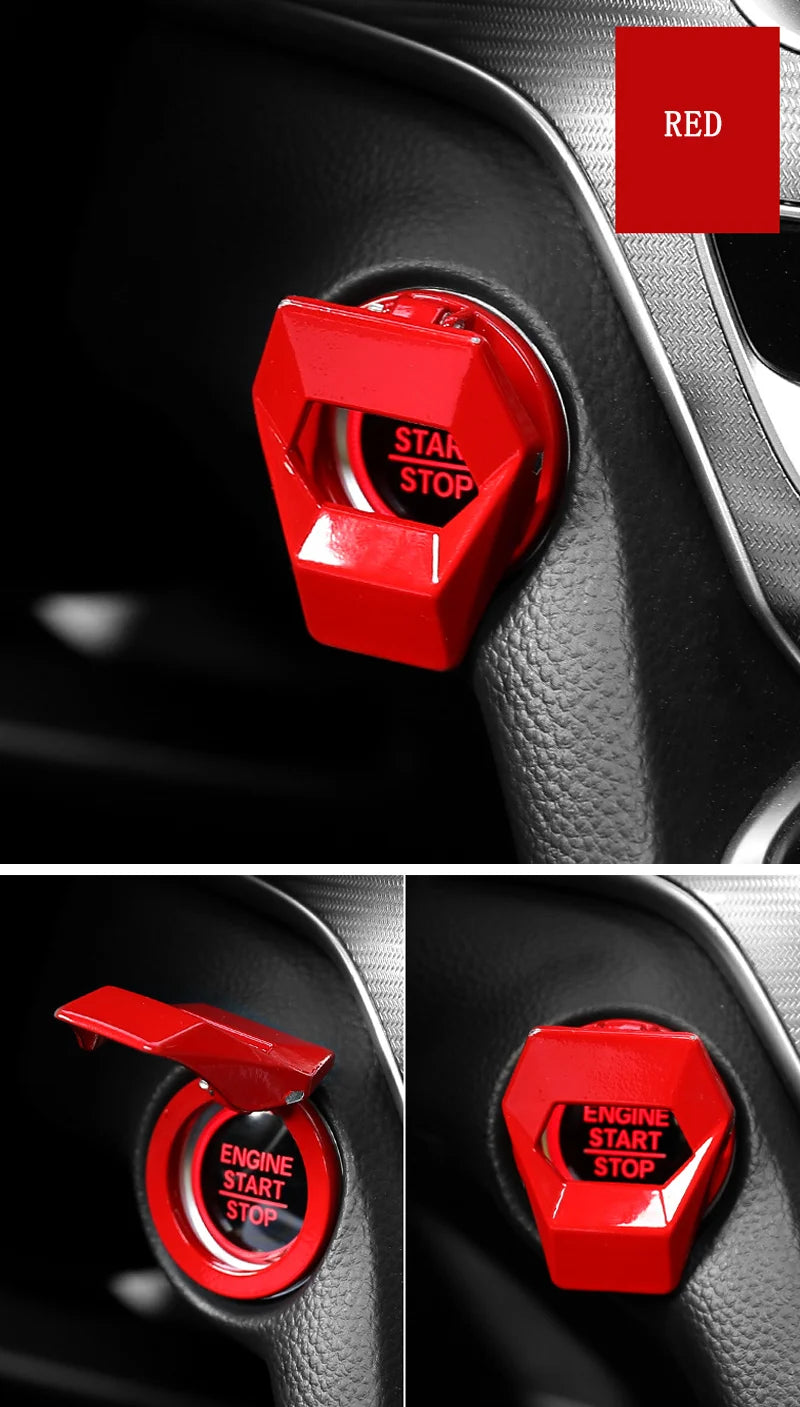 Close-up of a red engine start stop button cover on a black car interior panel.