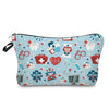 A blue and white patterned makeup bag featuring medical and nurse-themed illustrations with a zipper closure.