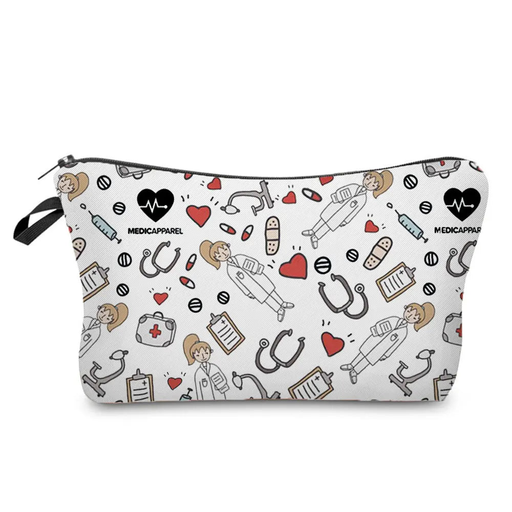 A black and white print nurse-themed makeup bag with a zipper closure featuring various medical icons and female figures.