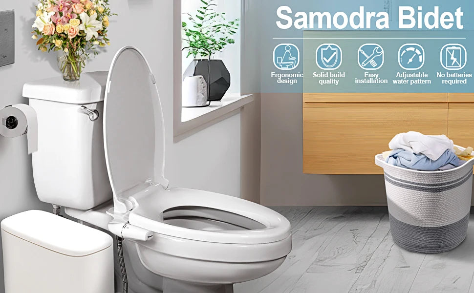 A white toilet with a mounted bidet attachment and surrounding features for a Samodra Bidet.