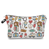 A pink and black print nurse-themed makeup bag with a zipper closure featuring various medical and heart icons.