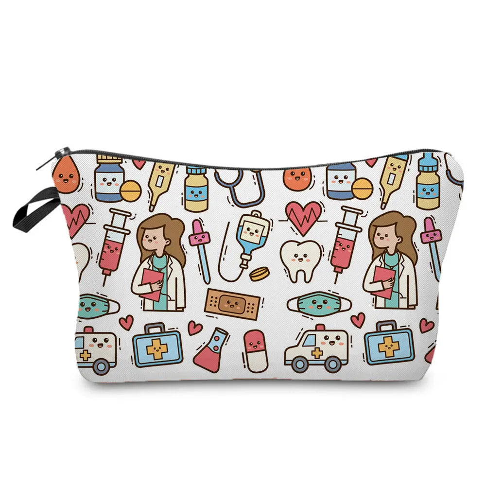 A pink and black print nurse-themed makeup bag with a zipper closure featuring various medical and heart icons.