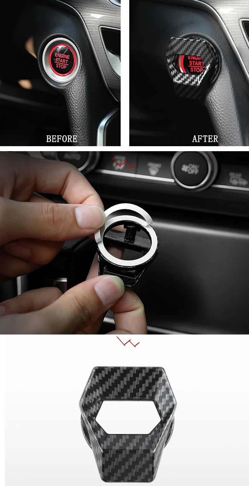 A black aluminum alloy engine start button cover with a carbon fiber pattern.