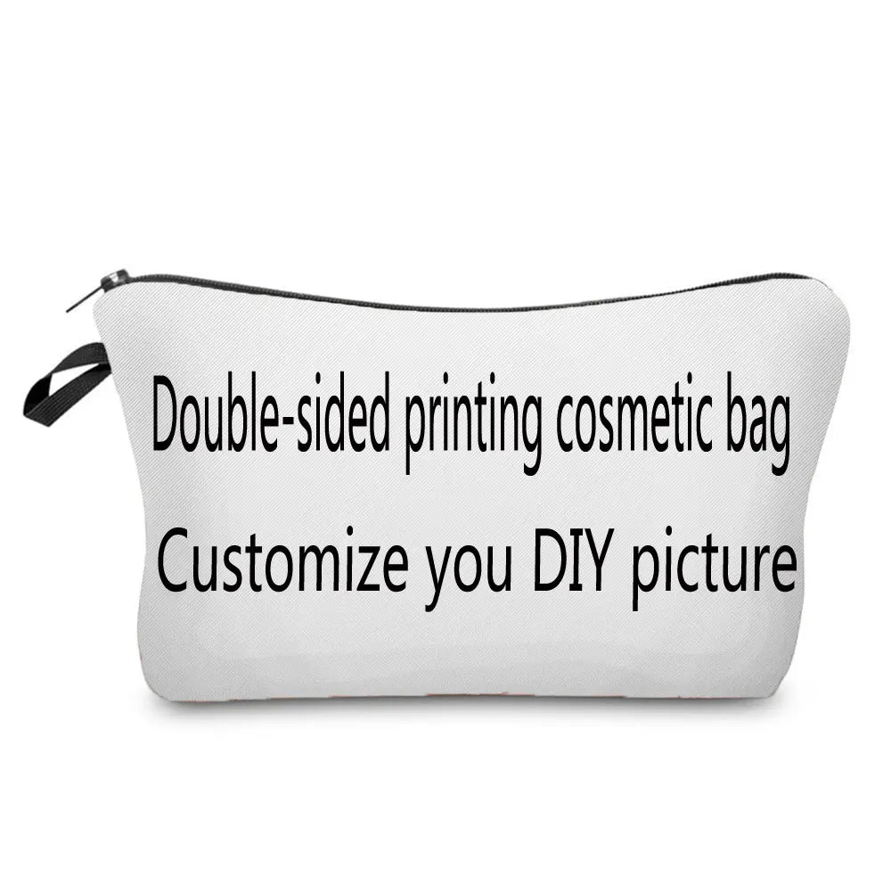 A white cosmetic bag with black trim and a zipper closure, designed for double-sided printing.