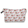 A pink and white patterned makeup bag with a zipper closure featuring nurse-themed ECG prints.