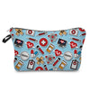 A colorful nurse-themed makeup bag featuring various medical symbols and tools like stethoscopes, heart shapes, and ECG print