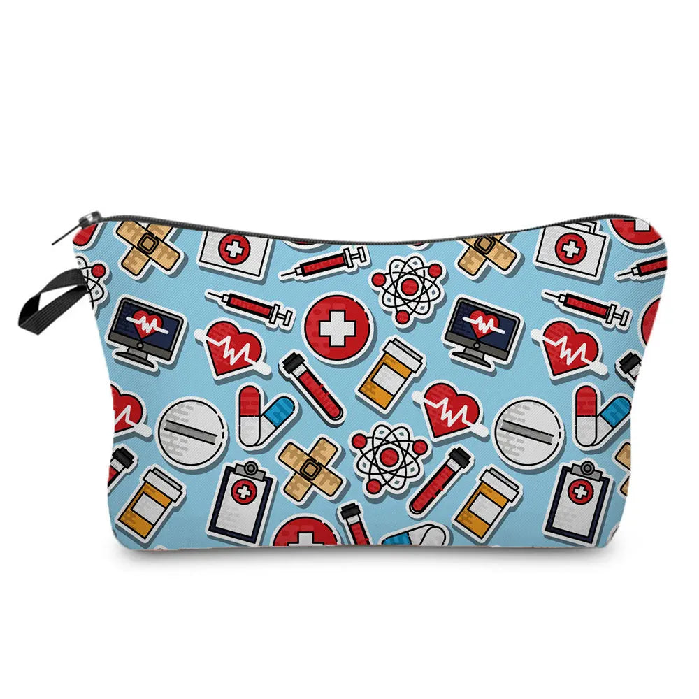 A colorful nurse-themed makeup bag featuring various medical symbols and tools like stethoscopes, heart shapes, and ECG print