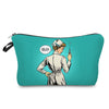 A teal makeup bag featuring an illustration of a nurse in a white uniform asking Are you ready?