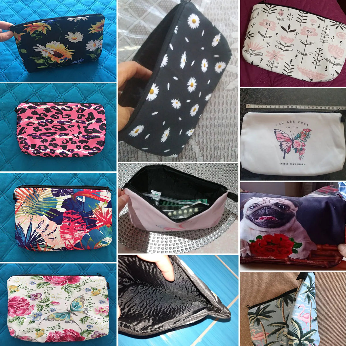 Collection de sacs cosmétiques aux imprimés floraux, animaux et motifs variés.