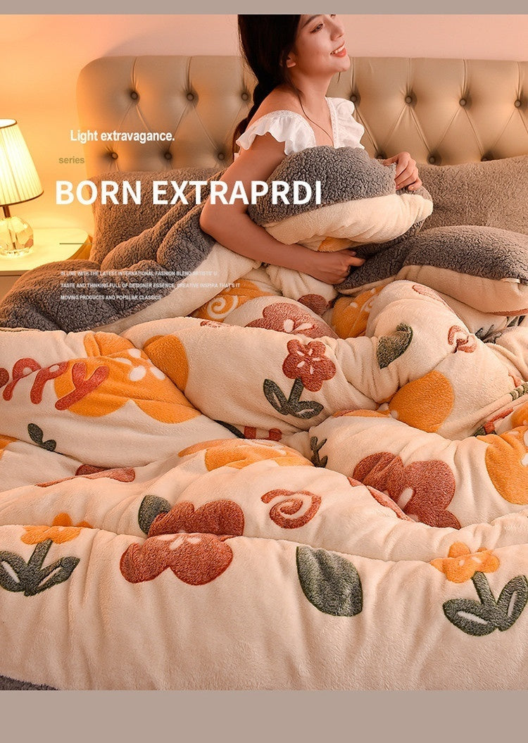 A woman is relaxing in a bed covered with a cozy double-sided velvet warm quilt blanket featuring floral patterns.
