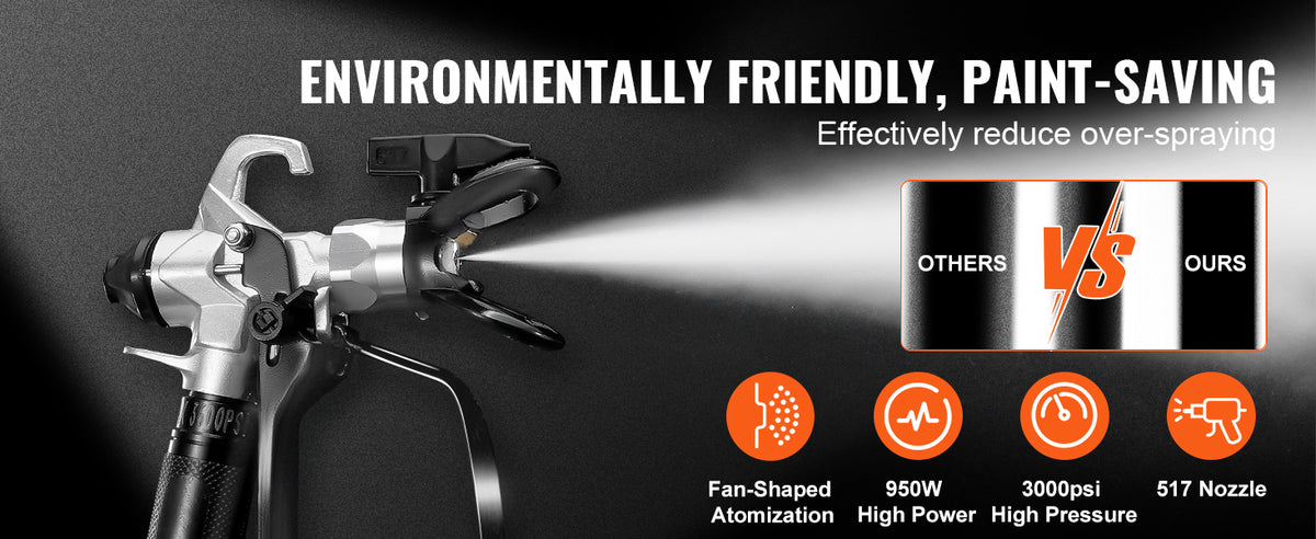 A silver airless paint sprayer is shown with a focused spray, highlighting its fan-shaped atomization and high power.