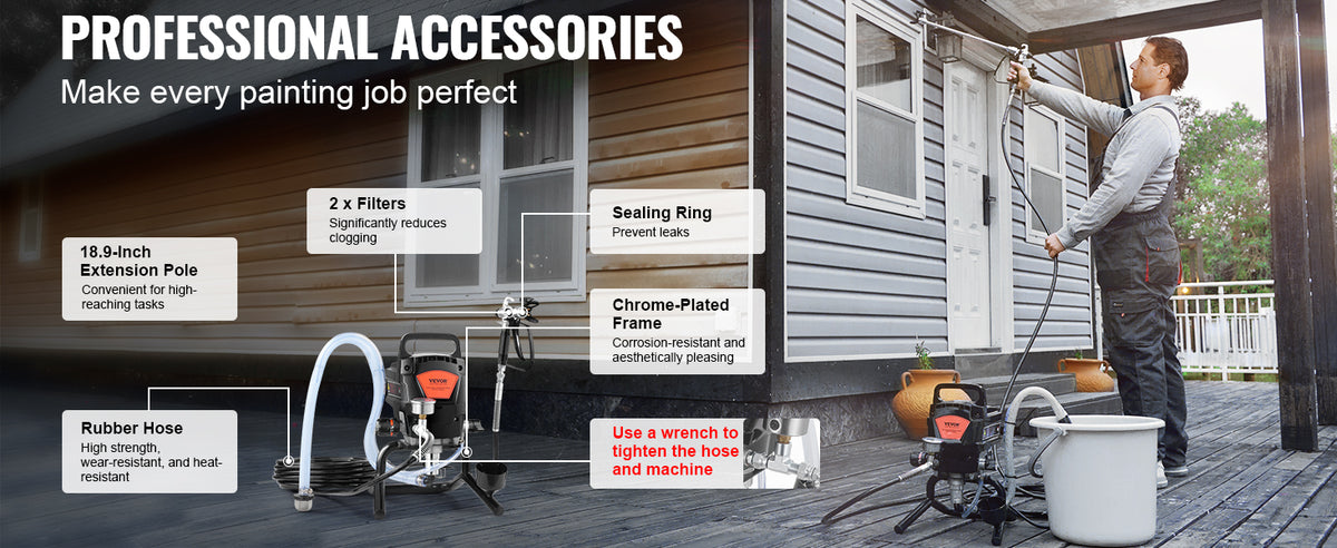 A professional airless paint sprayer is shown being used on a wooden house exterior.