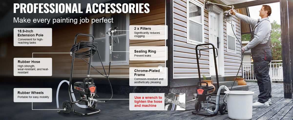 A professional airless paint sprayer with an extension pole, rubber hose, and wheels being used outdoors.