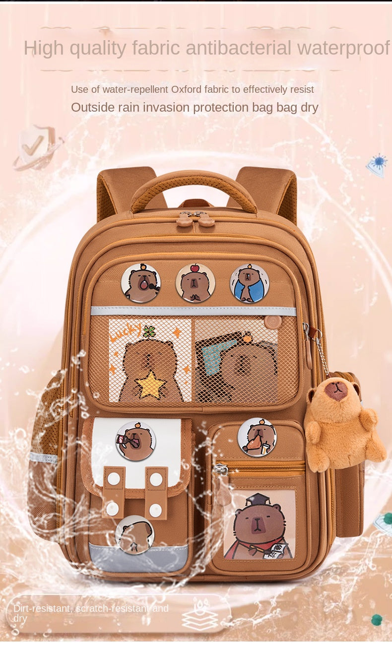 A brown fabric backpack featuring cute capybara designs and water-repellent features.