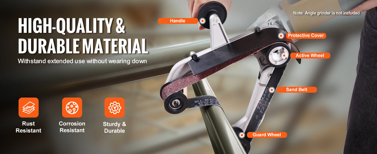 A hand is holding an angle grinder with various attachments including a handle, protective cover, active wheel, sand belt, an
