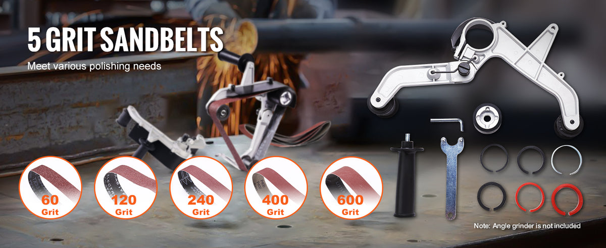 Set of five grit sandbelts for an angle grinder, including 60 to 600 grit belts and various adapters.