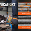 An angle grinder is shown being used for various grinding and polishing needs on metal pipes.