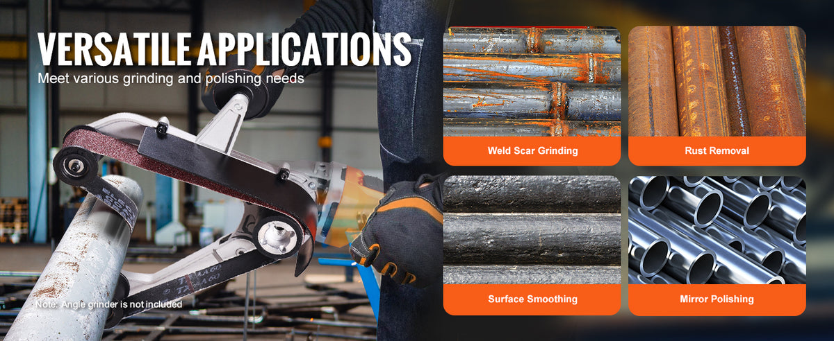 An angle grinder is shown being used for various grinding and polishing needs on metal pipes.