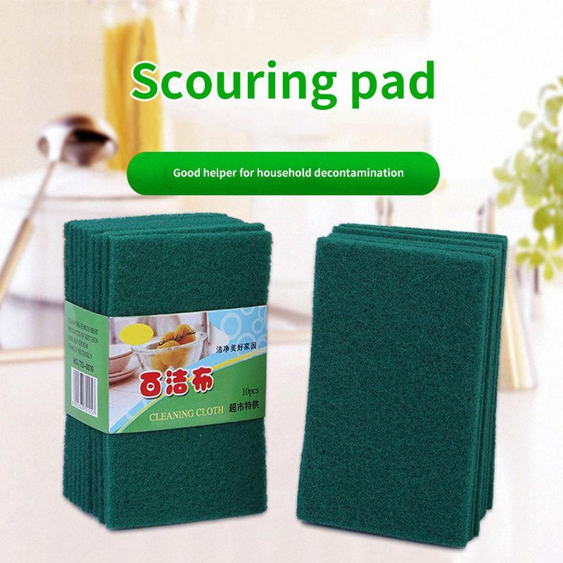A stack of green scouring pads or cleaning cloths is shown next to a title indicating they are a good helper for household de