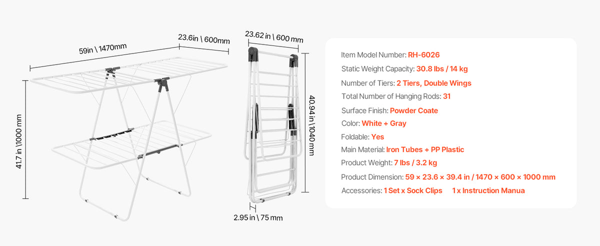 Adjustable Rollable Clothes Drying Rack with Sock Clips