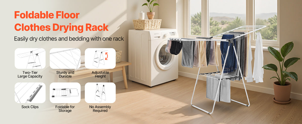 Adjustable Rollable Clothes Drying Rack with Sock Clips