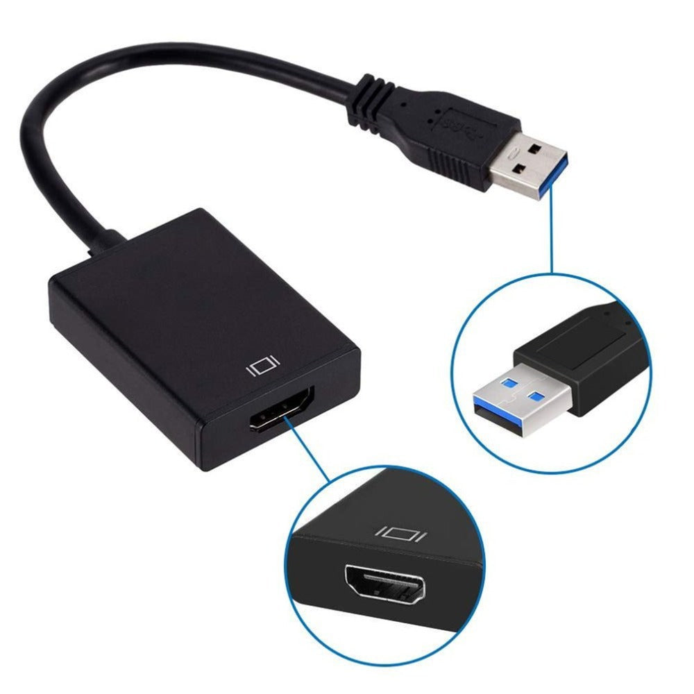 A black USB 3.0 to HDMI adapter with a cable and a dongle shown in various views.