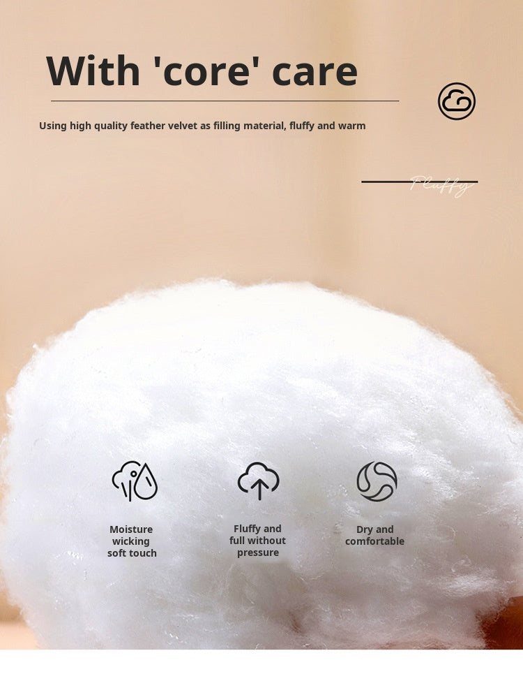 Close-up of white feather velvet filling material used in a cozy blanket with text describing its features.
