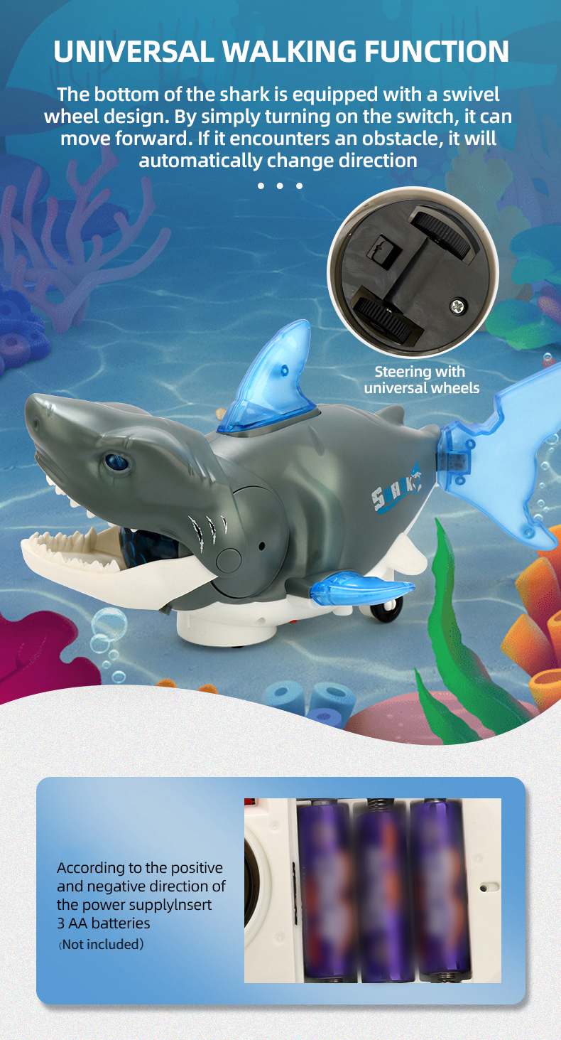 A gray shark toy with a swivel wheel design is shown swimming in blue water.