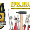 A yellow tool holder keeps pliers and a hammer in reach, showing various hand tools like wrenches and pliers.