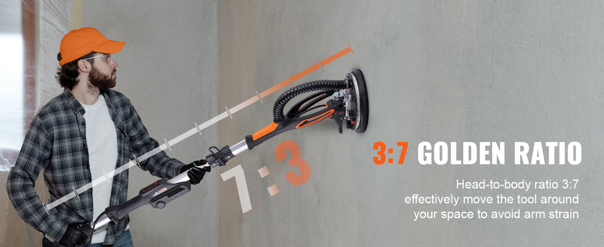 A man wearing an orange cap is using a 3:7 golden ratio tool to sand drywall, demonstrating efficient movement.