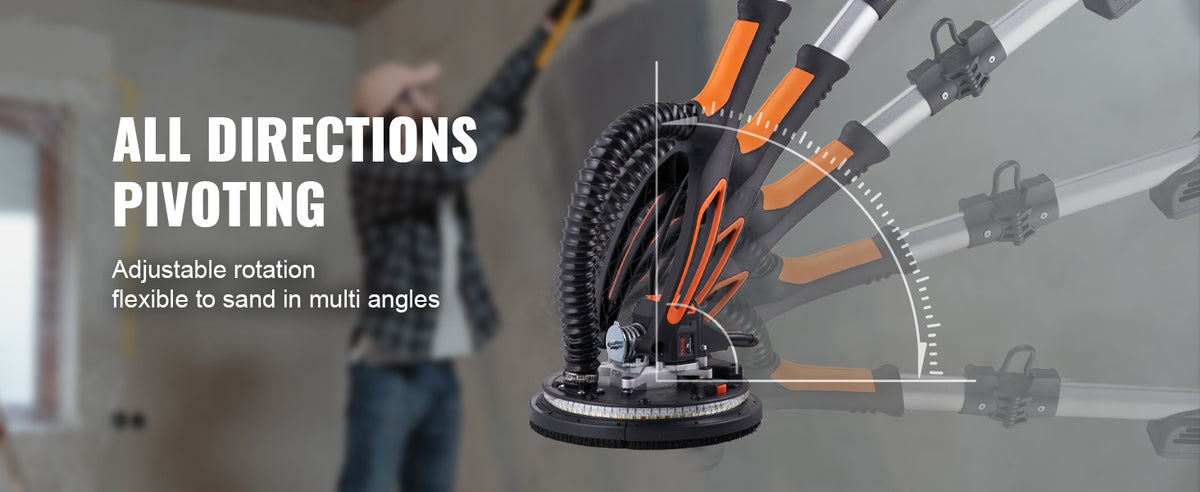 A person is demonstrating the all directions pivoting feature of a brushless drywall sander with variable speed and dust coll