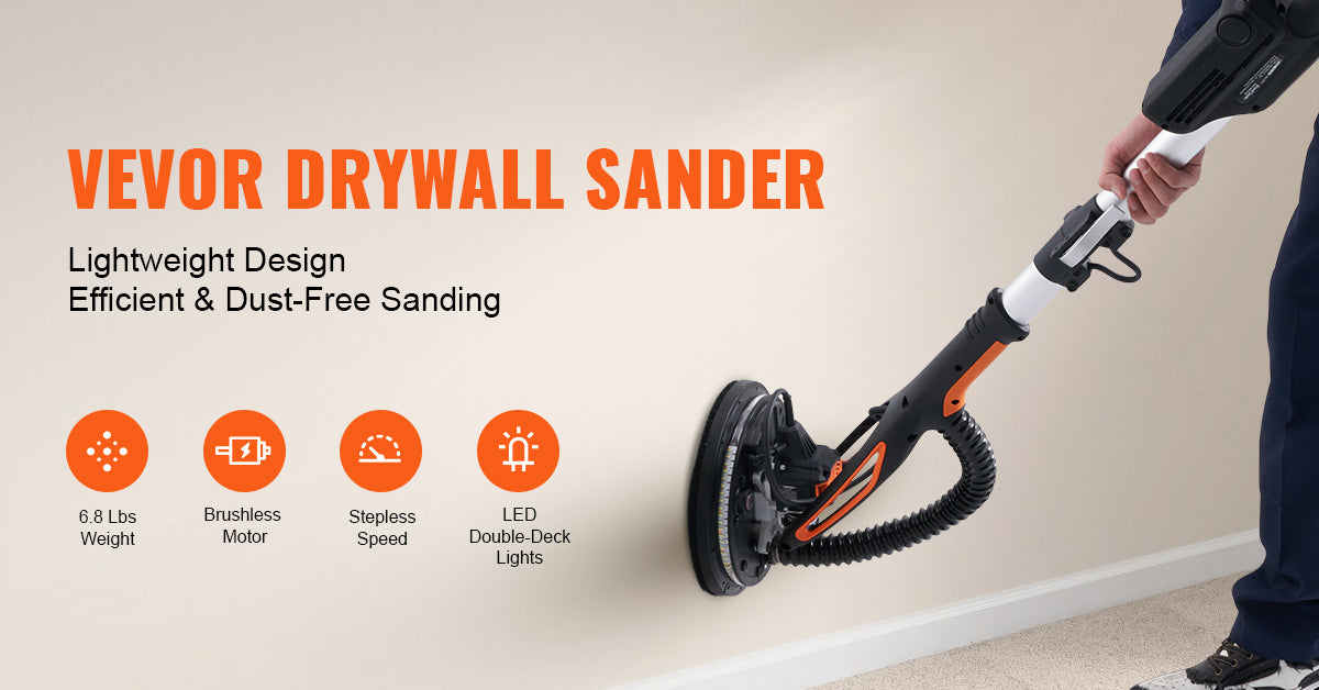 A person is using a Vevor drywall sander on a wall, highlighting its lightweight design and features.