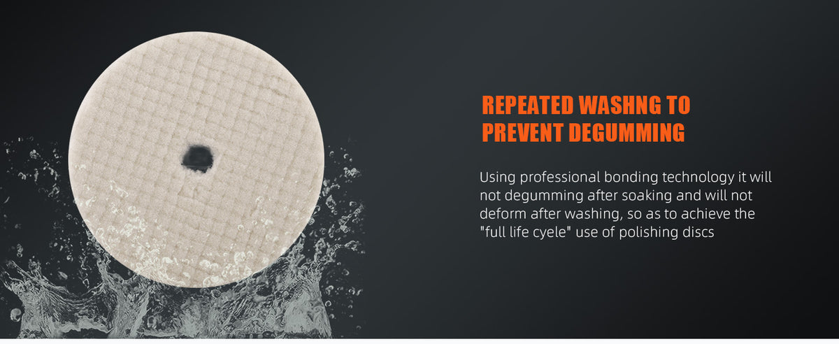 A circular wool polishing disc is shown against a dark background with text about repeated washing to prevent degumming.