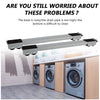 A silver adjustable appliance roller stand with brakes mounted on a wooden cabinet surface.