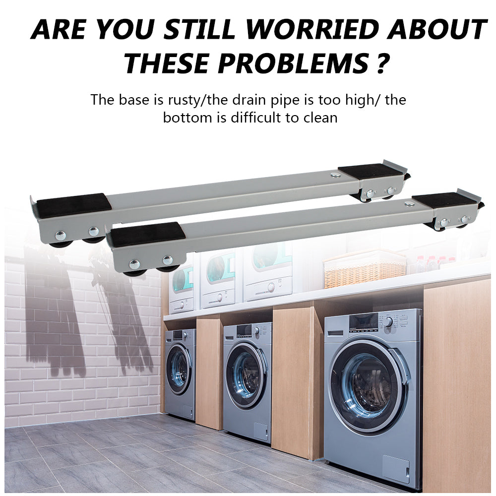 A silver adjustable appliance roller stand with brakes mounted on a wooden cabinet surface.