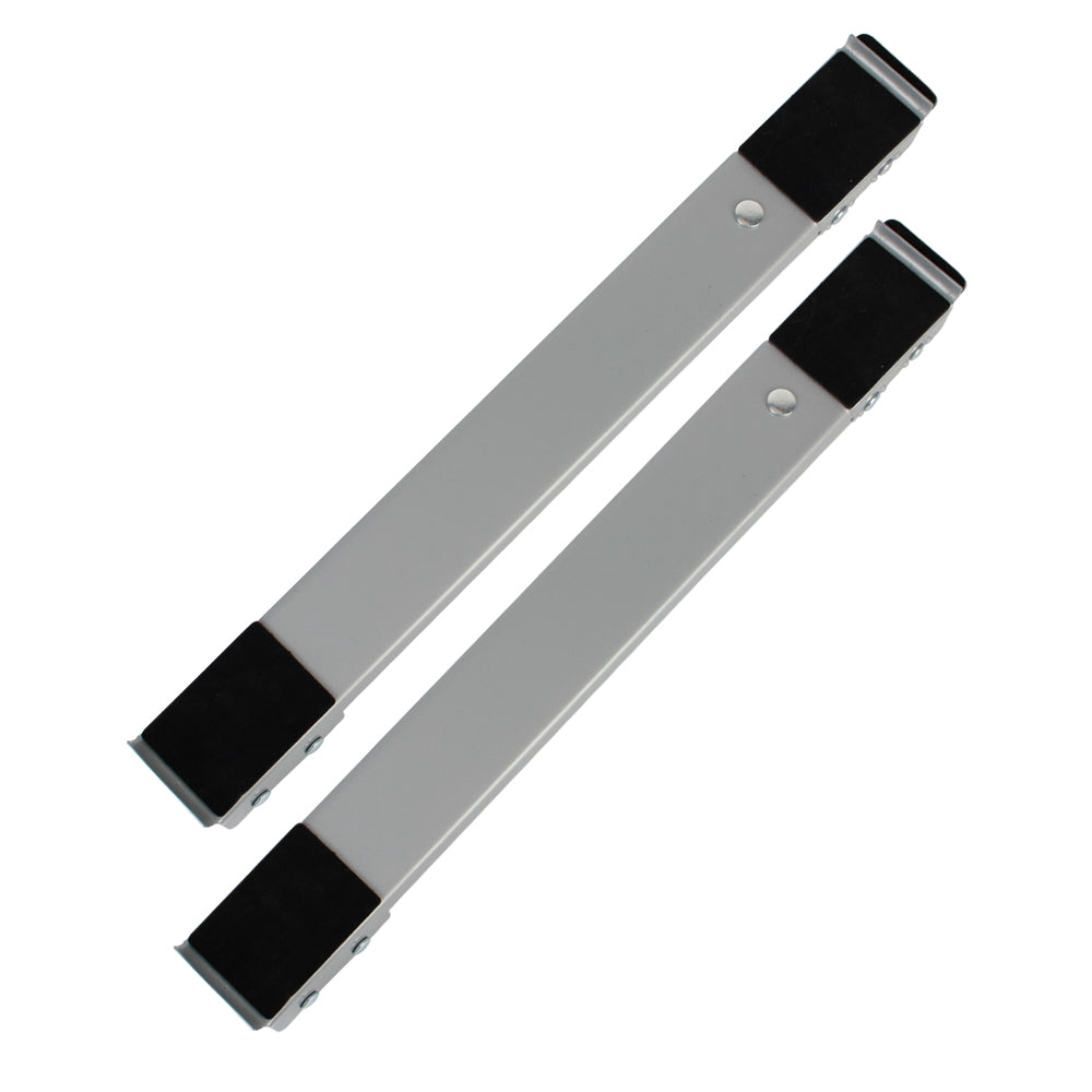 A silver adjustable appliance roller stand with black brake pads shown from above.
