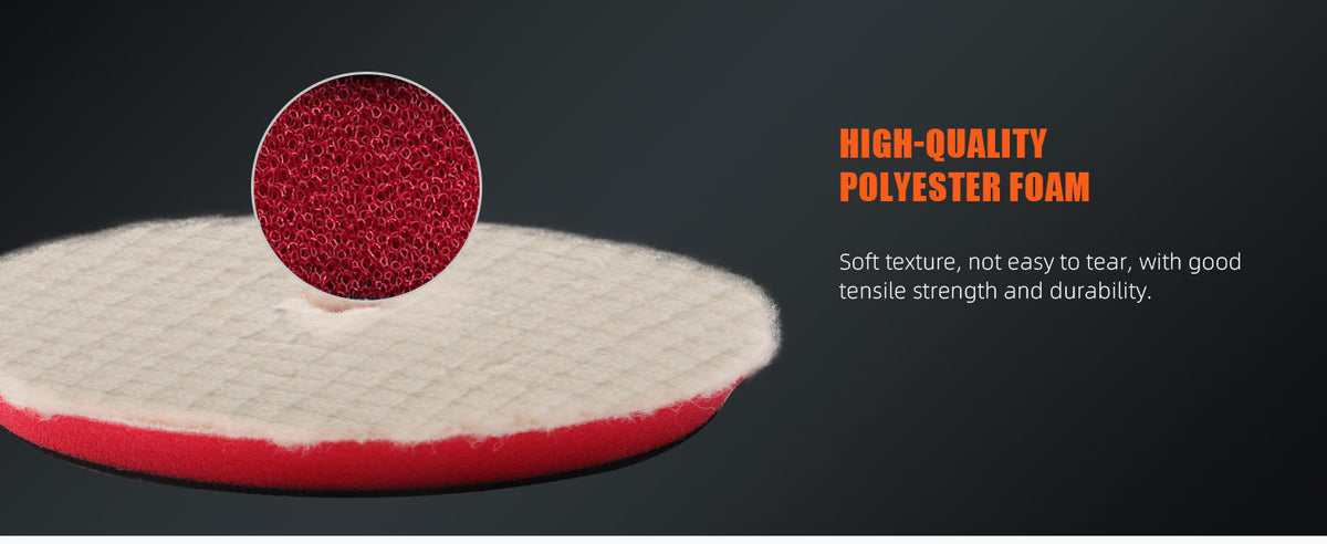 A close-up view of a red polyester foam polishing pad with a textured red center and a white outer layer.