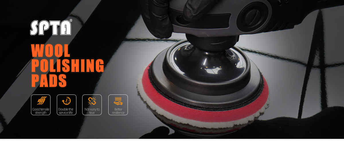 A close-up view of a heavy-cut wool polishing pad being used on a surface.