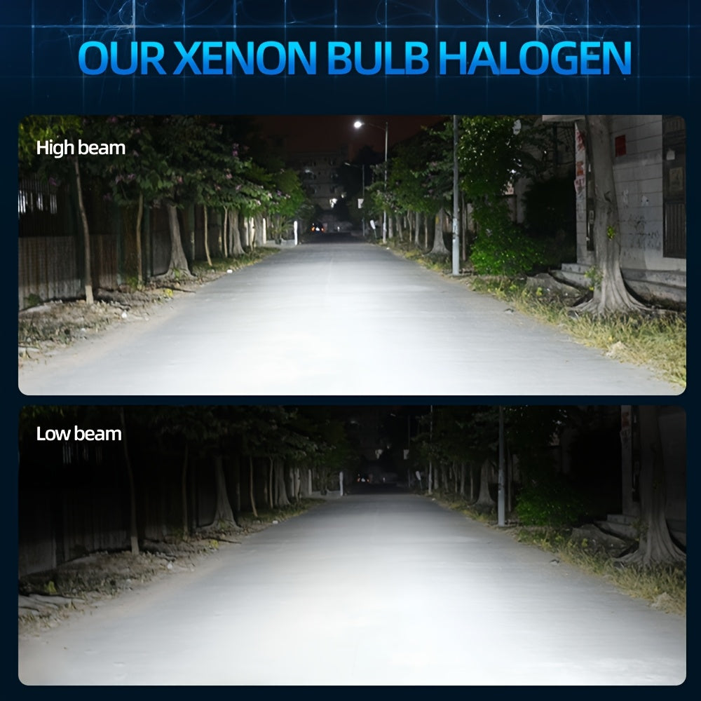 Comparison of high beam and low beam light from an xenon bulb halogen headlight in a dark street setting.