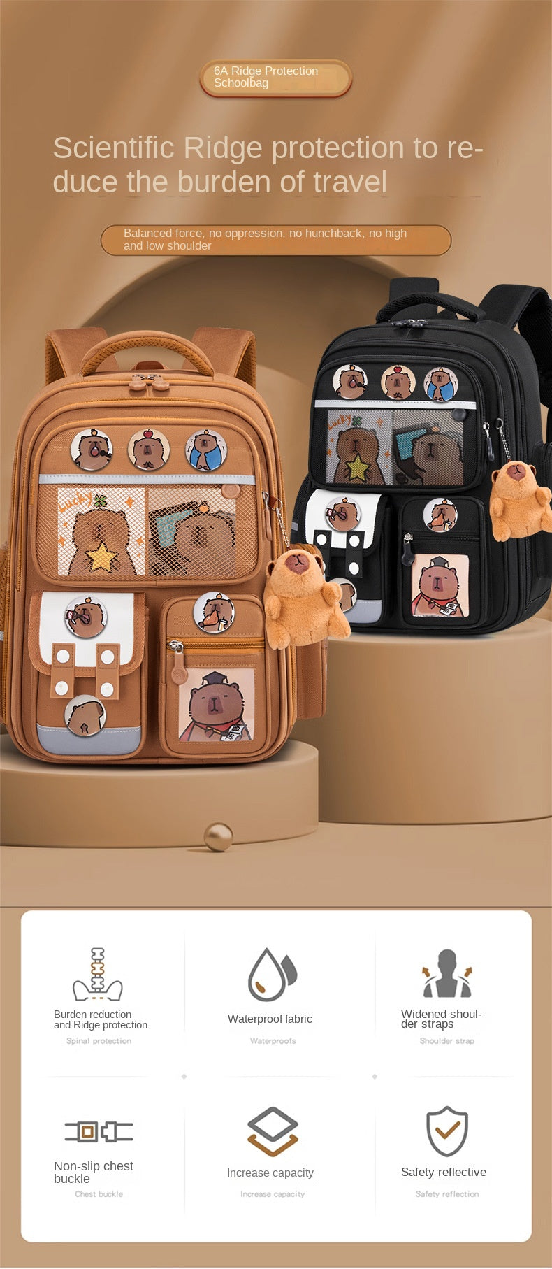 A brown Capybara Kids School Backpack featuring padded compartments and ergonomic support features.