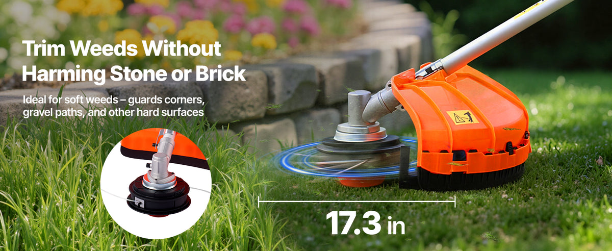 An orange gas-powered hedge trimmer is shown trimming weeds without harming stone or brick on a lawn.