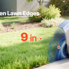 A gas-powered hedge trimmer is shown straightening lawn edges with a 9-inch blade on a green lawn.