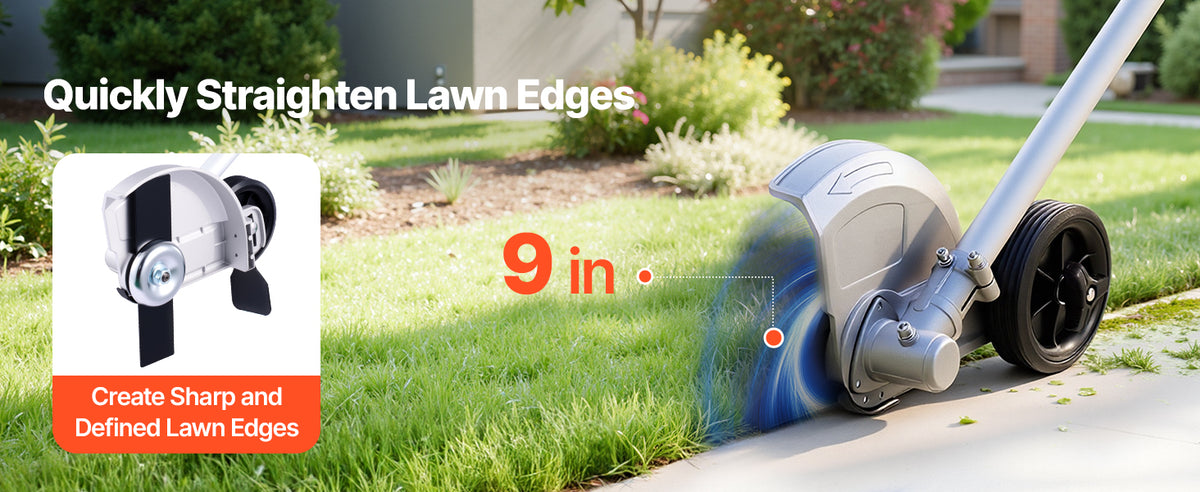 A gas-powered hedge trimmer is shown straightening lawn edges with a 9-inch blade on a green lawn.