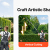 A man uses a gas-powered hedge trimmer for diagonal, vertical, and horizontal cutting on a green hedge.