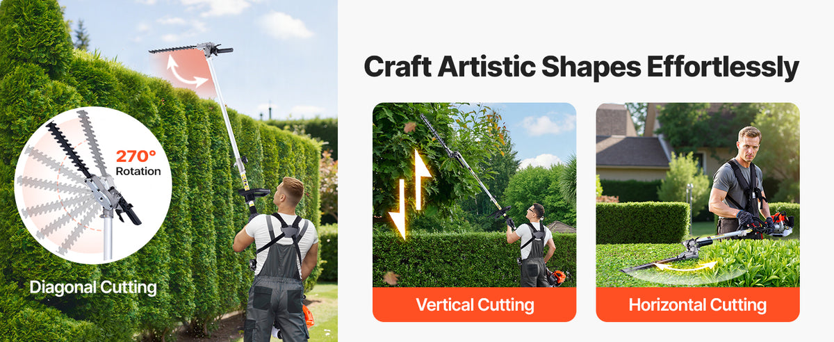 A man uses a gas-powered hedge trimmer for diagonal, vertical, and horizontal cutting on a green hedge.